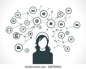 The concept of business communication in a computer network. Avatar of 
girl surrounded by abstract network and interface icons