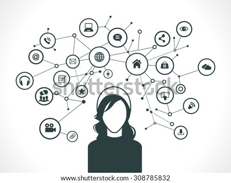 The concept of business communication in a computer network. Avatar of 
girl surrounded by abstract network and interface icons