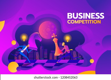 Concept of business competition. Businessmen hold chess pieces in hands of punching as a symbol of rivalry, competition, corporate conflict. Vector illustration, flat design. Hitting chess figures