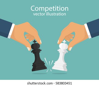 Concept of business competition. Businessmen hold chess pieces in hands of punching as a symbol of rivalry, competition, corporate conflict. Vector illustration, flat design. Hitting chess figures.