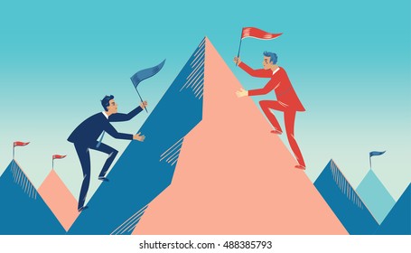 Concept of business as competition, showing two businessmen climbing on either side of a mountain to lead their business to the top.