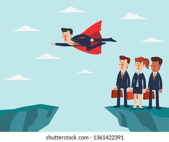 Concept of business competition. Super Businessman. Cartoon superhero flying with cape waving in the wind. Successful hero businessman. Success, leadership and victory in business vector concept 