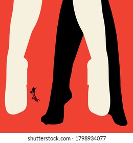 concept of business conditions, businessman looks into the distance through female legs, minimalistic style. Vector illustration