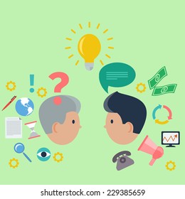 Concept of business consulting with brainstorm and teamwork  of two professionals on green background