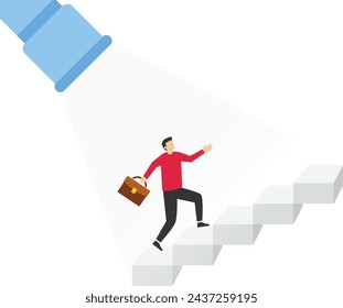 Concept of business consulting, HR recruiting, hands-on coaching, career navigation or guidelines for success concept. Businesswoman walking on stairs towards beam from flashlight, flat vector design.