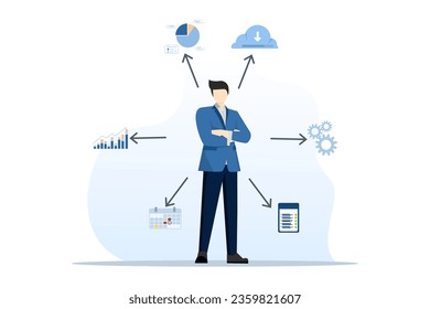 Concept of business data analysis, management tools, intelligence, corporate strategy development, data-driven decision making. flat vector illustration on white background.