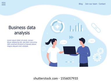 Concept business data analysis and sales statistics. Analysts man with laptop and woman discuss startup development and management strategy. Web banner. Flat vector illustration on white background.