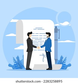 Concept Business deal, successful contract or negotiation, agreement document or collaboration, executive handshake, businessman partners shaking hands after signing business agreement document.