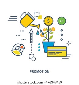 Concept of business development and promotion - growth of investments, increase profits. Color Line icons. Flat Vector illustration