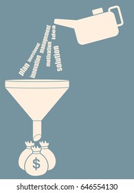 The concept of business development. Transformation of business rules into money. Vector illustration