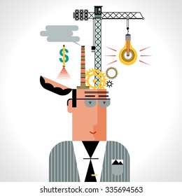 Concept of Business Development. Vector illustration. Businessman character with icons and symbols in his head. Brainstorming process. Idea Generation. Flat Design