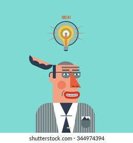 Concept of Business Development. Vector illustration. Businessman character. Brainstorming process. Idea Generation. Icons Background Flat Design