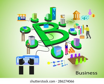 Concept of Business. Different systems like banking, employee, retail, support, sales and management teams and systems connected through a business process, represented in an alphabet letter B fashion