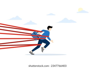 concept of business difficulties or struggles with career barriers, limitations and pitfalls or challenges to overcome success, bureaucratic bound businessman trying to escape with full effort. - Shutterstock ID 2347766403