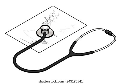 Concept: business document examination / analysis. Profit, loss, performance. Stethoscope on a printed page.