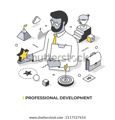 Concept of business education. The employee increases his knowledge, advances his skill-sets and career. Isometric illustration on education and learning
