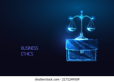 Concept of business ethics, core values in futuristic glowing low polygonal style on blue backgound