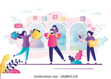 Concept of business and fashion. Family bought lot in mass market at sale. Daughter sits on daddy's neck and rejoices. Lady character with many shopping bags. Cute woman holds box. Vector illustration