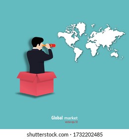 Concept of business finance. Businessman holding telescope looking at the world map. business global marketing. planning, achievement, symbol, vector illustration