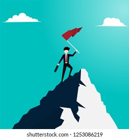 Concept of business financial success. Businessman holds flag stand on top of mountain celebrating success. Vector illustration flat