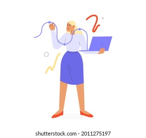 Concept of business. Flat vector illustration with successful woman working on a laptop. Promotion and development of business through the website, advertising in social networks or analytics. 