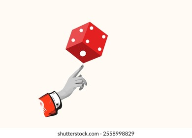 concept of business gambling game. Businessman hand throw the dice. Collage Art Vector illustration . Creative concept for web banner, social media banner