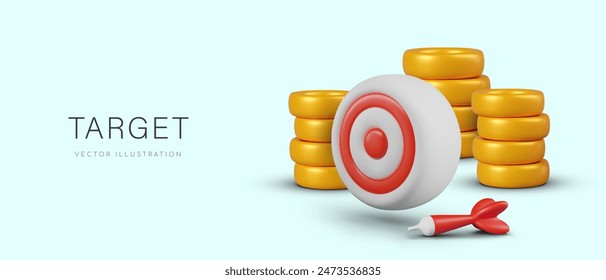 Concept of business goal, financial success. Realistic target, gold coins, darts needle