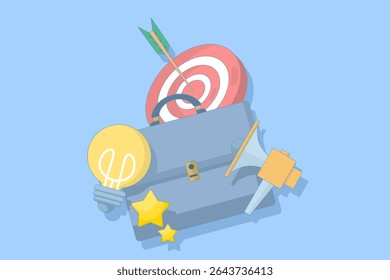 Concept of business goals, innovation and effective marketing strategies. Briefcase with target, light bulb and megaphone. Accuracy and goal achievement. Flat vector illustration.