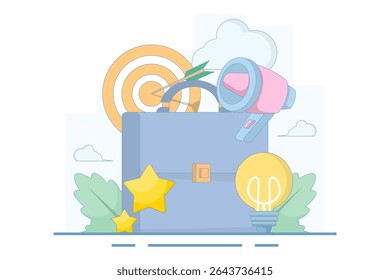 Conceito de objetivos empresariais, inovação e estratégias de marketing eficazes. Porta-arquivos com alvo, lâmpada e megafone. Precisão e realização do objetivo. Ilustração de vetor plano.