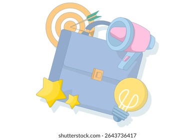 Concept of business goals, innovation and effective marketing strategies. Briefcase with target, light bulb and megaphone. Accuracy and goal achievement. Flat vector illustration.