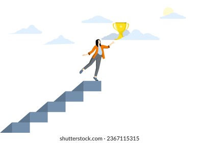 concept of business goals, mission achievement, career growth, skills to success or stairs to reach targets. Businesswoman climbing stairs to reach gold winner trophy on blue background.