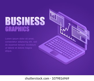 Concept business graphics. Vector illustration isometric infographic rate growth about screen laptop. Landing page business digital info windows 