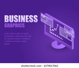 Concept business graphics. Vector illustration isometric infographic rate growth about display computer. Landing page business digital info windows 