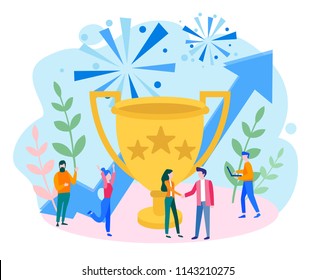 Concept business growth with executive team team victory for web page, banner, presentation, social media, documents, cards, posters. Vector illustration, Successful  People Team Winners,  Golden Cup
