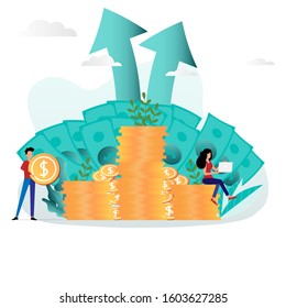 Concept of business growth and increasing of the profit. The businessman hold a big coin which work together with businesswoman in the background of coin stack and banknote.