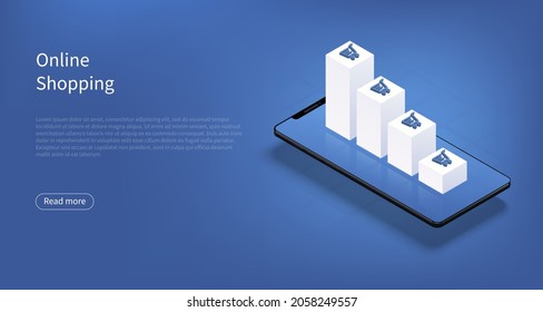 Concept Of Business Growth Of Online Shopping Or E Commerce. Isometric Mobile Smartphone With Rising Bar Charts And Cart