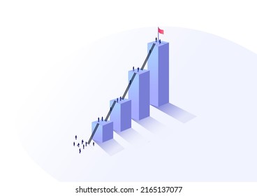 Concepto de crecimiento empresarial y crecimiento personal. Fuerza de trabajo escalando un gráfico de barras usando escaleras para llegar a la parte superior. Imagen vectorial isométrica de un grupo de personas desde la vista de pájaro.