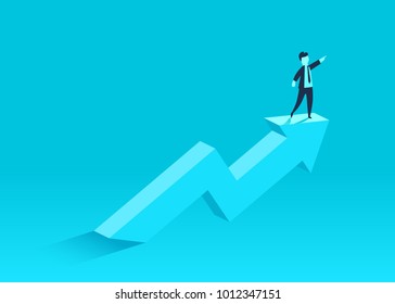 Concept of business growth with an upward arrow and a businessman showing the direction. Symbol of success, achievement. Vector illustration.