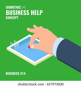 Concept of business help, hand puts  life preserver in pool isometric flat vector illustration