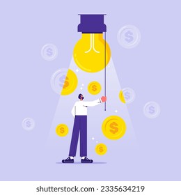 Concept of business idea of increasing profit, business idea to make money, gain profit or create sales, businessman open lightbulb idea for make money