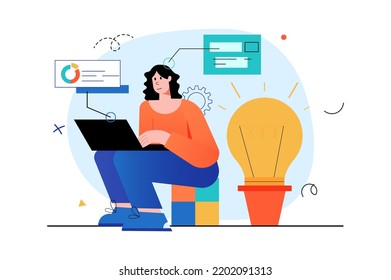 Concept Business idea with people scene in the flat cartoon design. Woman had a cool business idea and quickly began to implement it. Vector illustration.