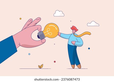 Concepto de una idea de negocio o de un inicio. El hombre encuentra una idea en el proceso de lluvia de ideas. La mano grande da una bombilla de luz asociada con una idea. Ilustración vectorial plana aislada.