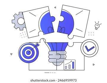 Concept of business idea, business thinking, creativity with light bulb and puzzle. Aspiration, inspiration, creativity. Abstract metaphor. Linear flat vector illustration on white background