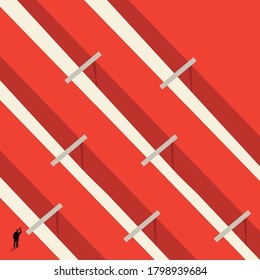 concept of business ideas, businessman looks into the distance, a maze of events, minimalistic style. Vector illustration.