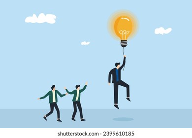 concept business ideas, looking for good ideas and concepts for business. businessman flying with light bulb.