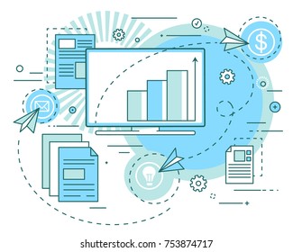 Concept of business ideas, revenue growth analytics, presentation. Profit analysis, securities, investments. Linear art style. Vector illustration