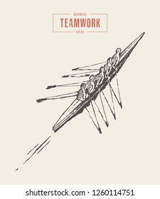 Concept business illustration, sketch of canoeing team, teamwork, partnership, achievement, together