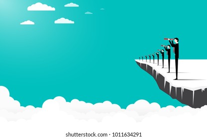 Concept business illustration vector flat. Businessman team standing on cliff. Group businessmen with binoculars looking to the successful