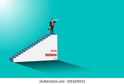 Concept business illustration vector flat. Businessman standing on a stair. Business using binoculars look at to success