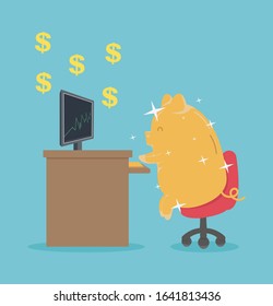 Concept business and investment ideas golden pig that is working in front of a computer that shows savings and investment